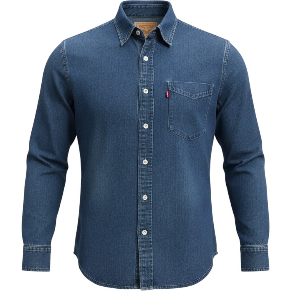 Levis Red Tab Mens Medium Indigo Blue Denim Button Down Shirt Long Sleeve Cotton